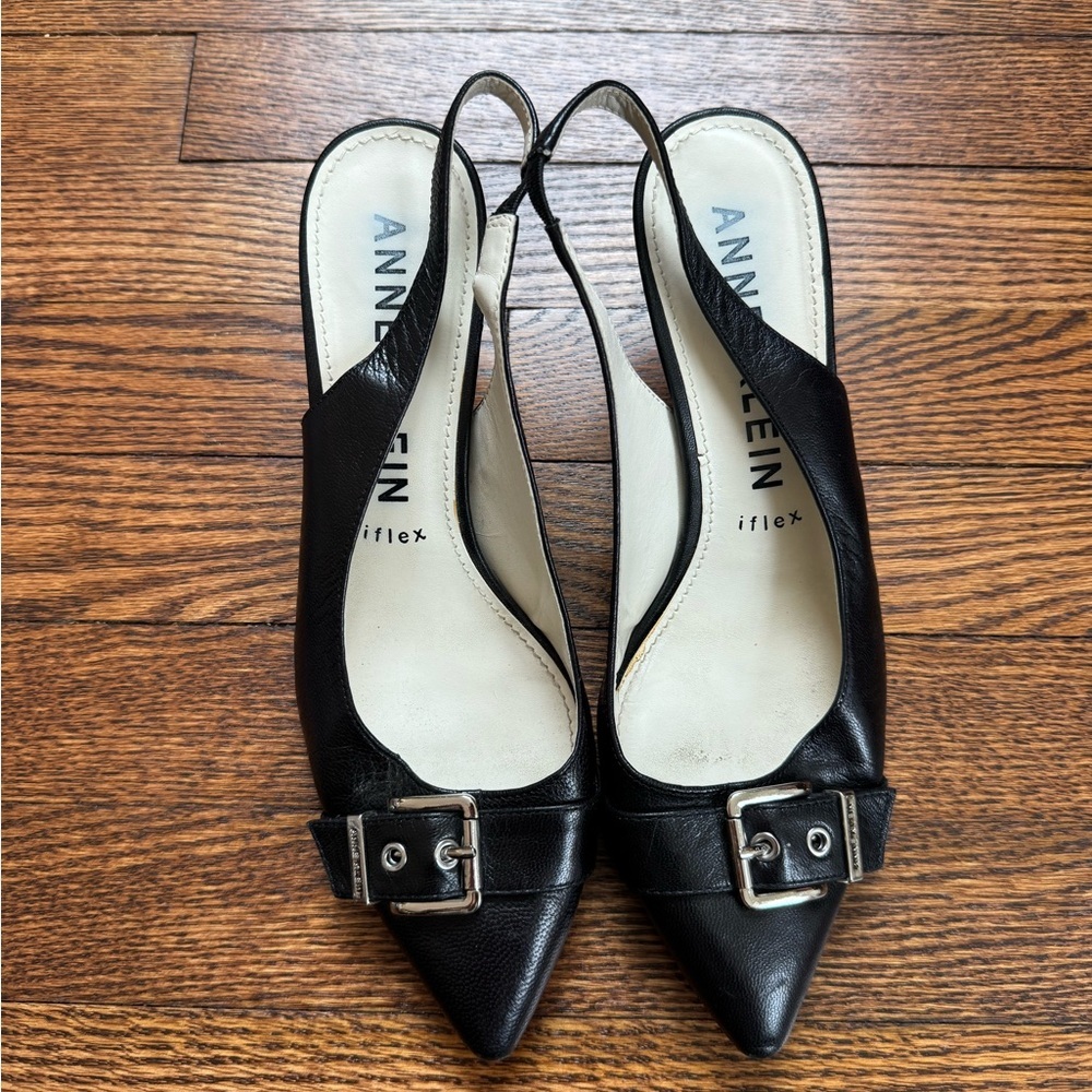 Anne Klein iFlex Black Leather Slingback Heels Buckle Pointed Toe Size 8.5